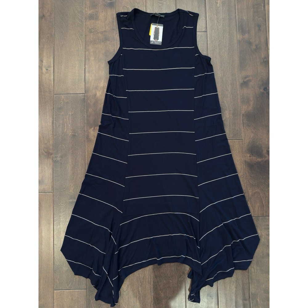 Adrianna Papell Womens M Sharkbite Dress Navy Ivy Striped Jersey Knit Sleeveless
